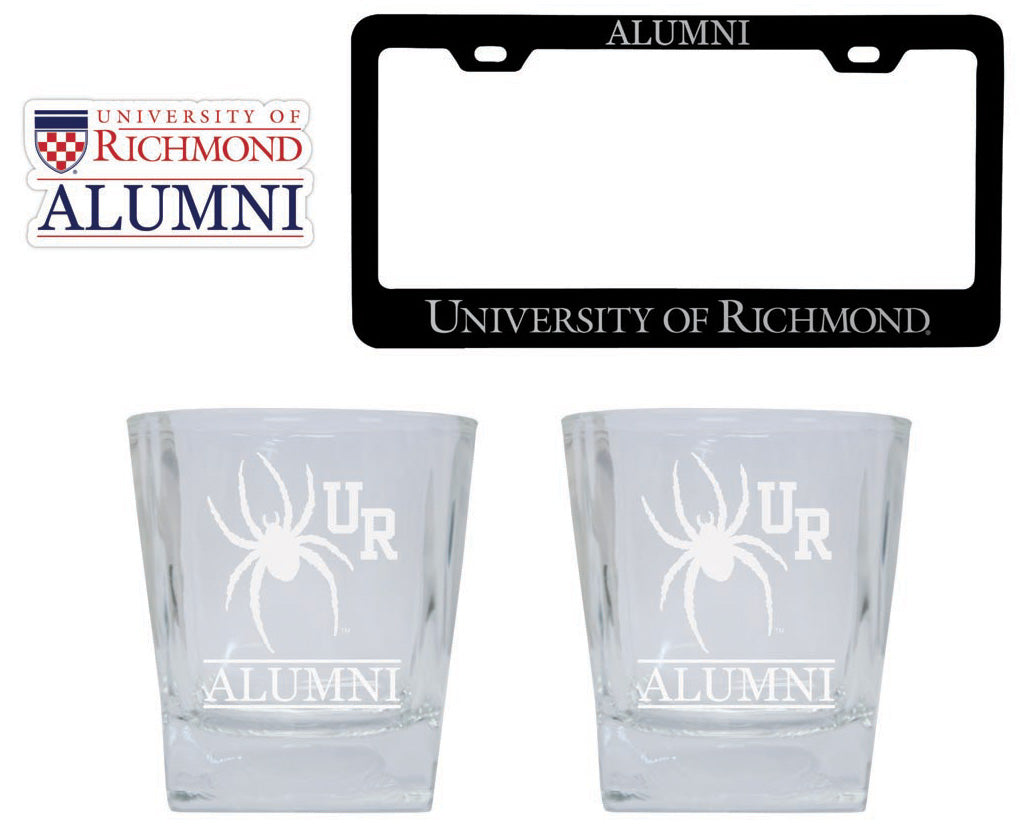 Richmond Spiders Collegiate Alumni Gift Set Engraved Whiskey Glasses, License Plate Frame & Decal 