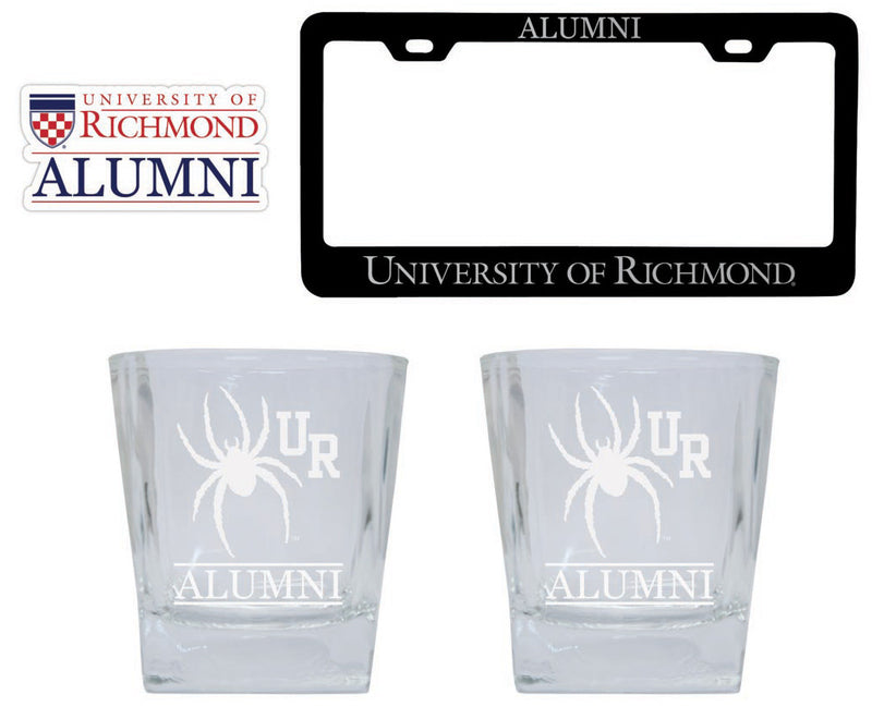 Richmond Spiders Collegiate Alumni Gift Set Engraved Whiskey Glasses, License Plate Frame & Decal 