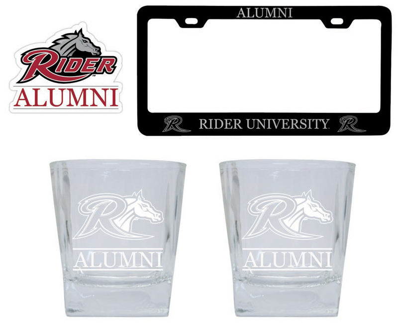 Rider University Broncs Collegiate Alumni Gift Set Engraved Whiskey Glasses, License Plate Frame & Decal 