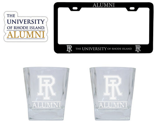 Rhode Island University Collegiate Alumni Gift Set Engraved Whiskey Glasses, License Plate Frame & Decal 