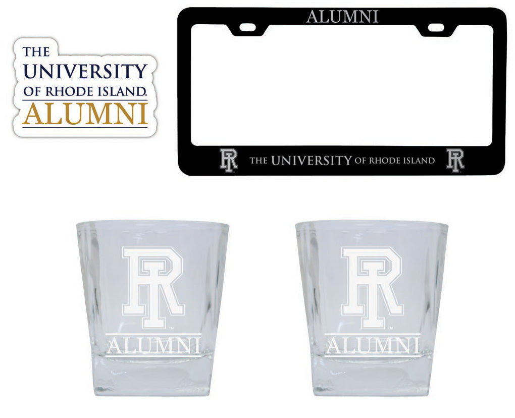 Rhode Island University Collegiate Alumni Gift Set Engraved Whiskey Glasses, License Plate Frame & Decal 