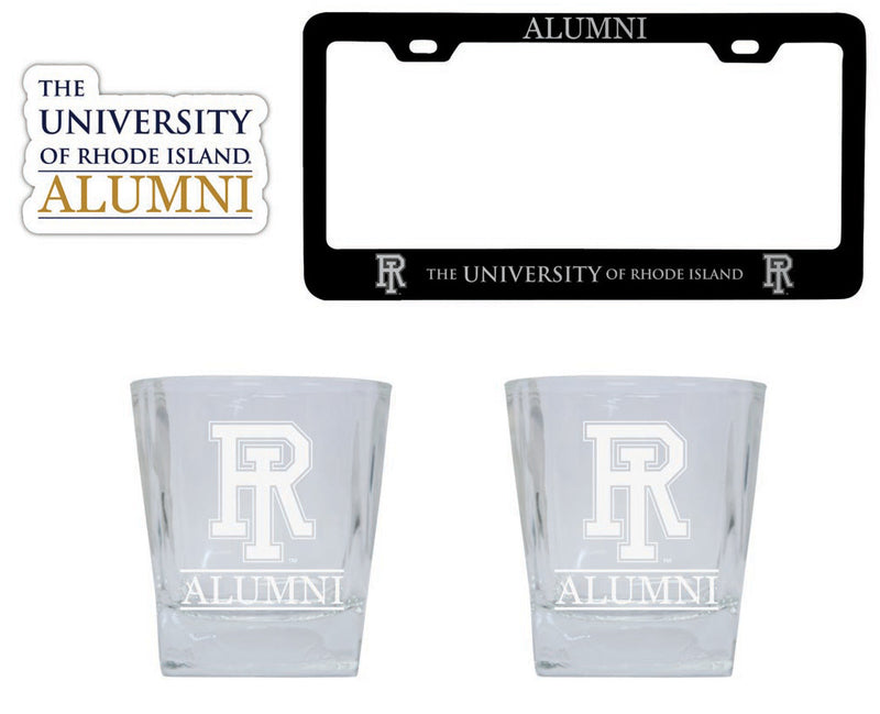 Rhode Island University Collegiate Alumni Gift Set Engraved Whiskey Glasses, License Plate Frame & Decal 