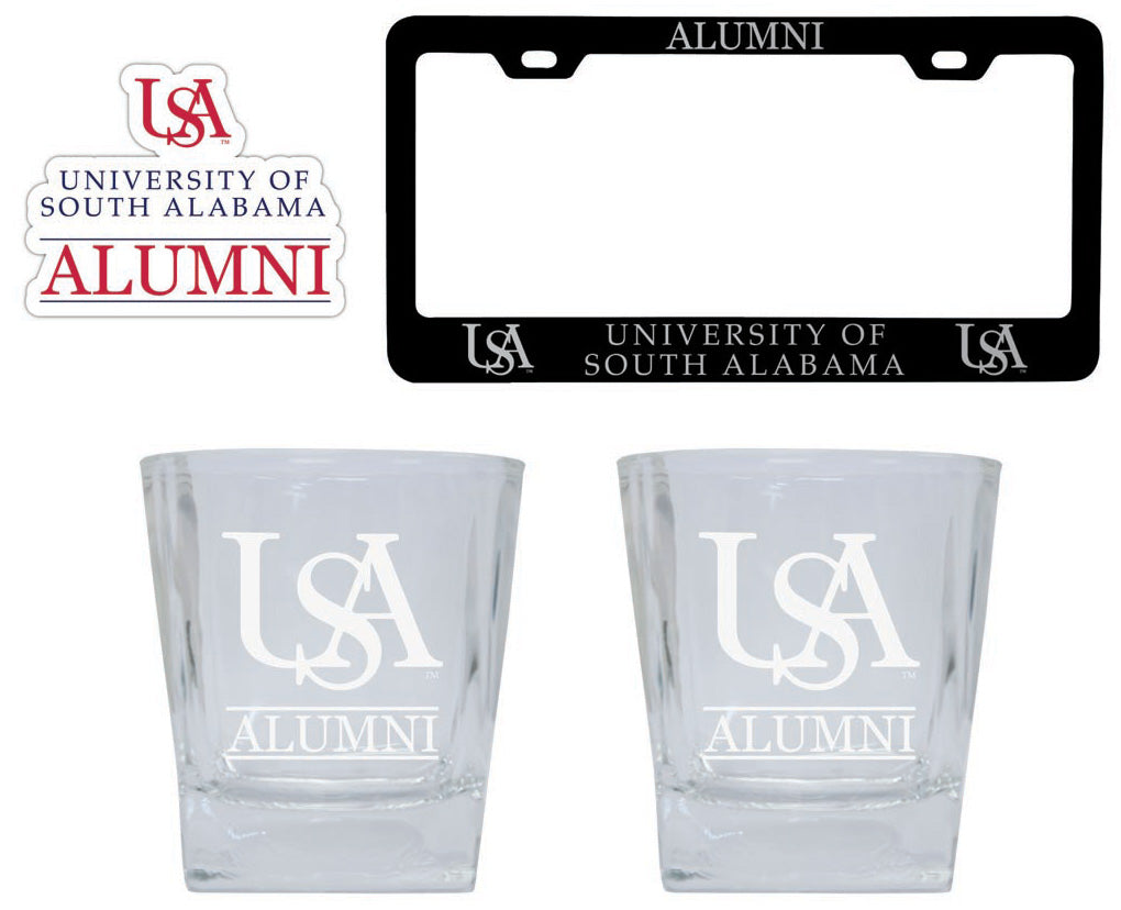 University of South Alabama Collegiate Alumni Gift Set Engraved Whiskey Glasses, License Plate Frame & Decal 