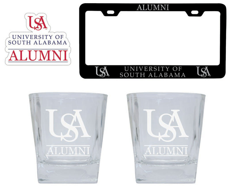 University of South Alabama Collegiate Alumni Gift Set Engraved Whiskey Glasses, License Plate Frame & Decal 