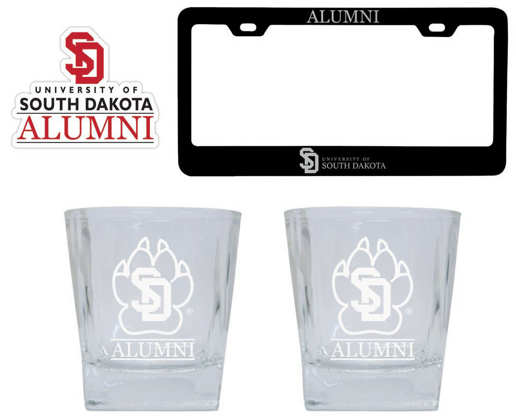 South Dakota Coyotes Collegiate Alumni Gift Set Engraved Whiskey Glasses, License Plate Frame & Decal 