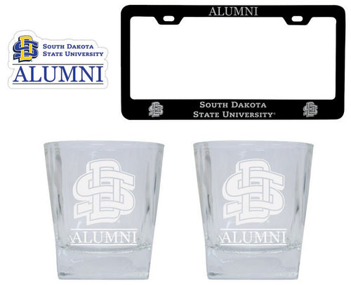 South Dakota State Jackrabbits Collegiate Alumni Gift Set Engraved Whiskey Glasses, License Plate Frame & Decal 