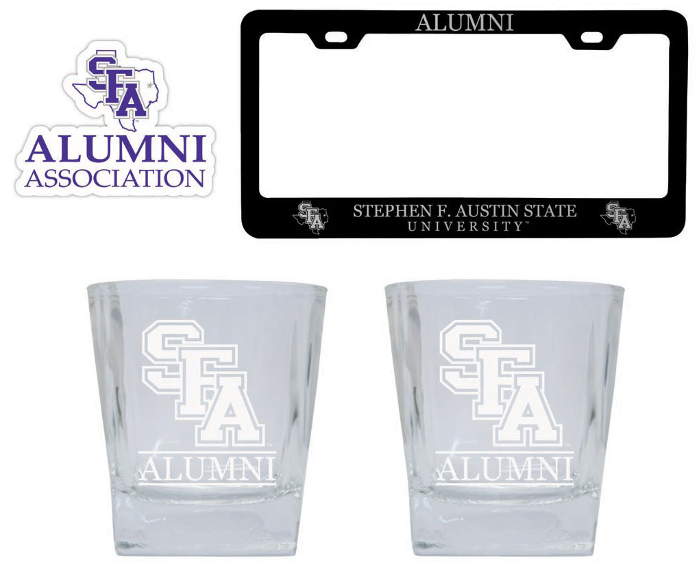 Stephen F. Austin State University Collegiate Alumni Gift Set Engraved Whiskey Glasses, License Plate Frame & Decal 