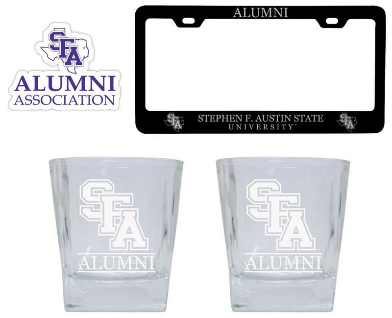 Stephen F. Austin State University Collegiate Alumni Gift Set Engraved Whiskey Glasses, License Plate Frame & Decal 