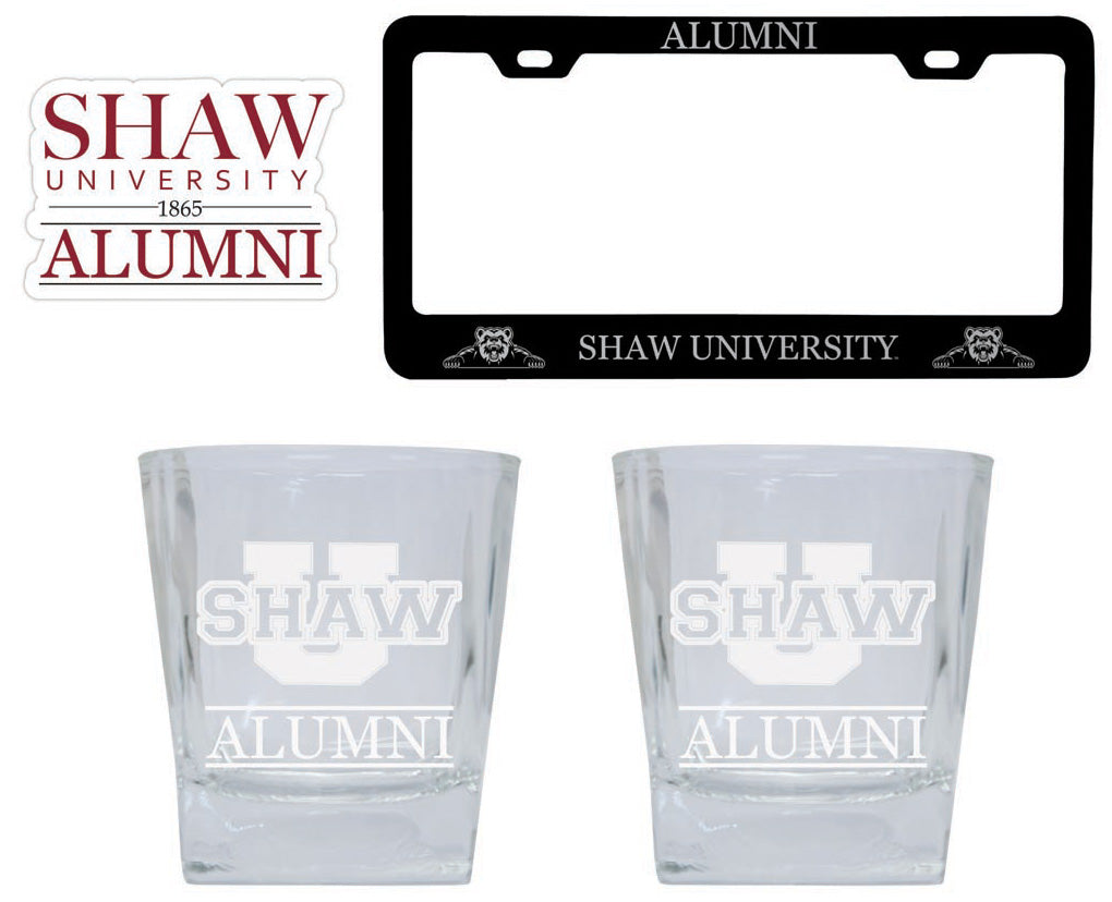 Shaw University Bears Collegiate Alumni Gift Set Engraved Whiskey Glasses, License Plate Frame & Decal 