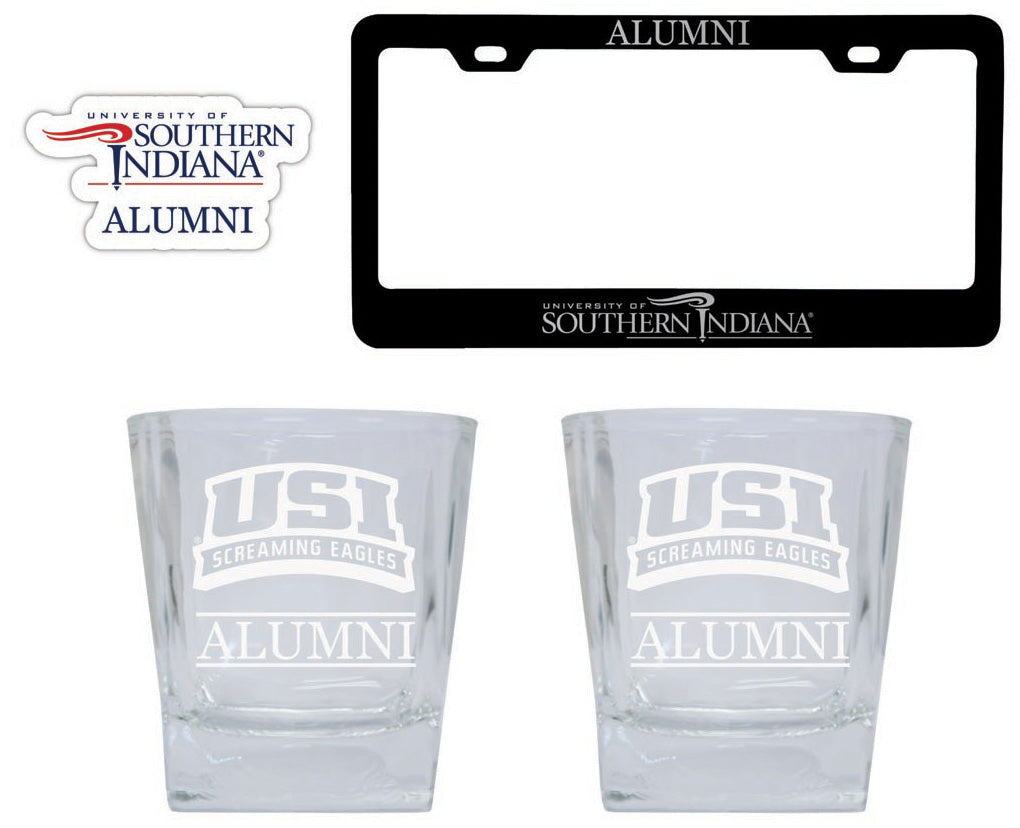 University of Southern Indiana Collegiate Alumni Gift Set Engraved Whiskey Glasses, License Plate Frame & Decal 