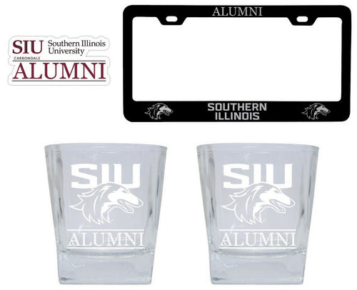 Southern Illinois Salukis Collegiate Alumni Gift Set Engraved Whiskey Glasses, License Plate Frame & Decal 