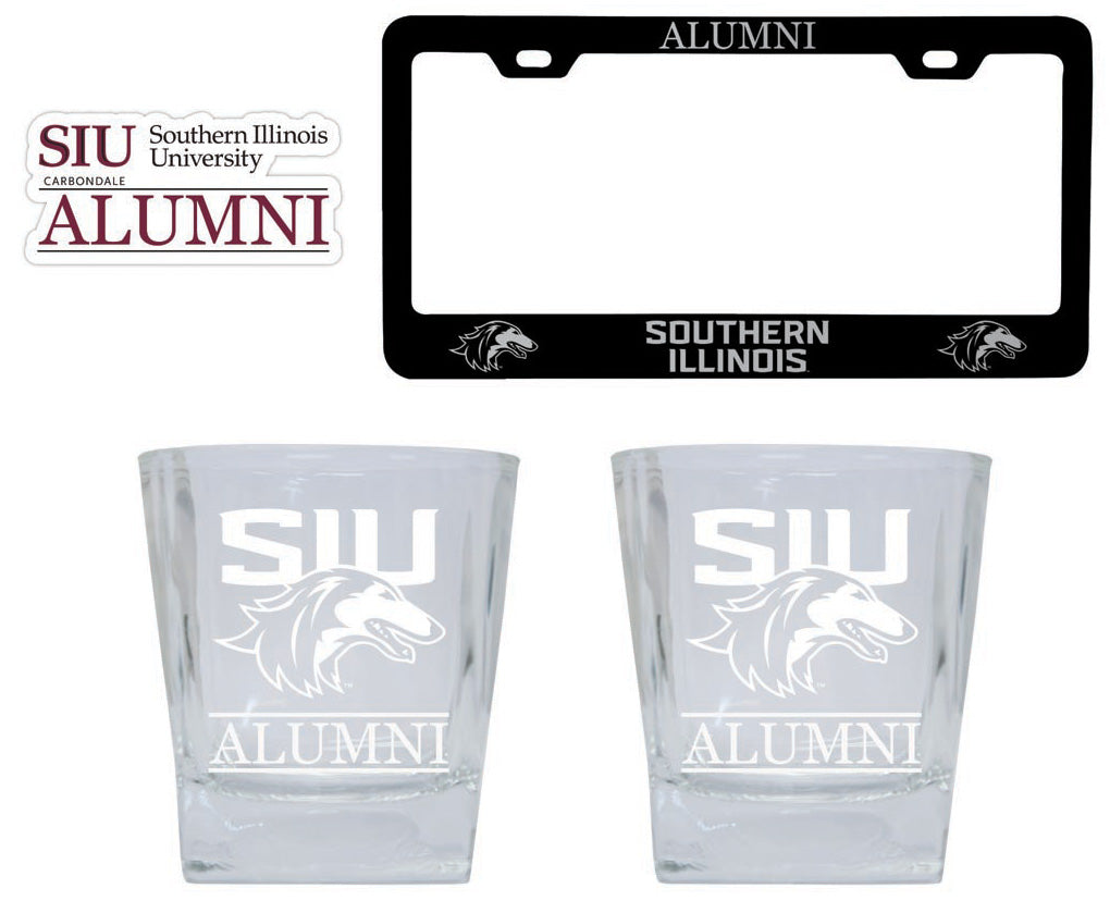Southern Illinois Salukis Collegiate Alumni Gift Set Engraved Whiskey Glasses, License Plate Frame & Decal 