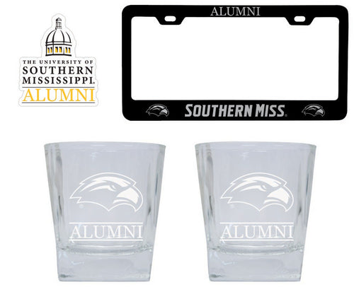 Southern Mississippi Golden Eagles Collegiate Alumni Gift Set Engraved Whiskey Glasses, License Plate Frame & Decal 