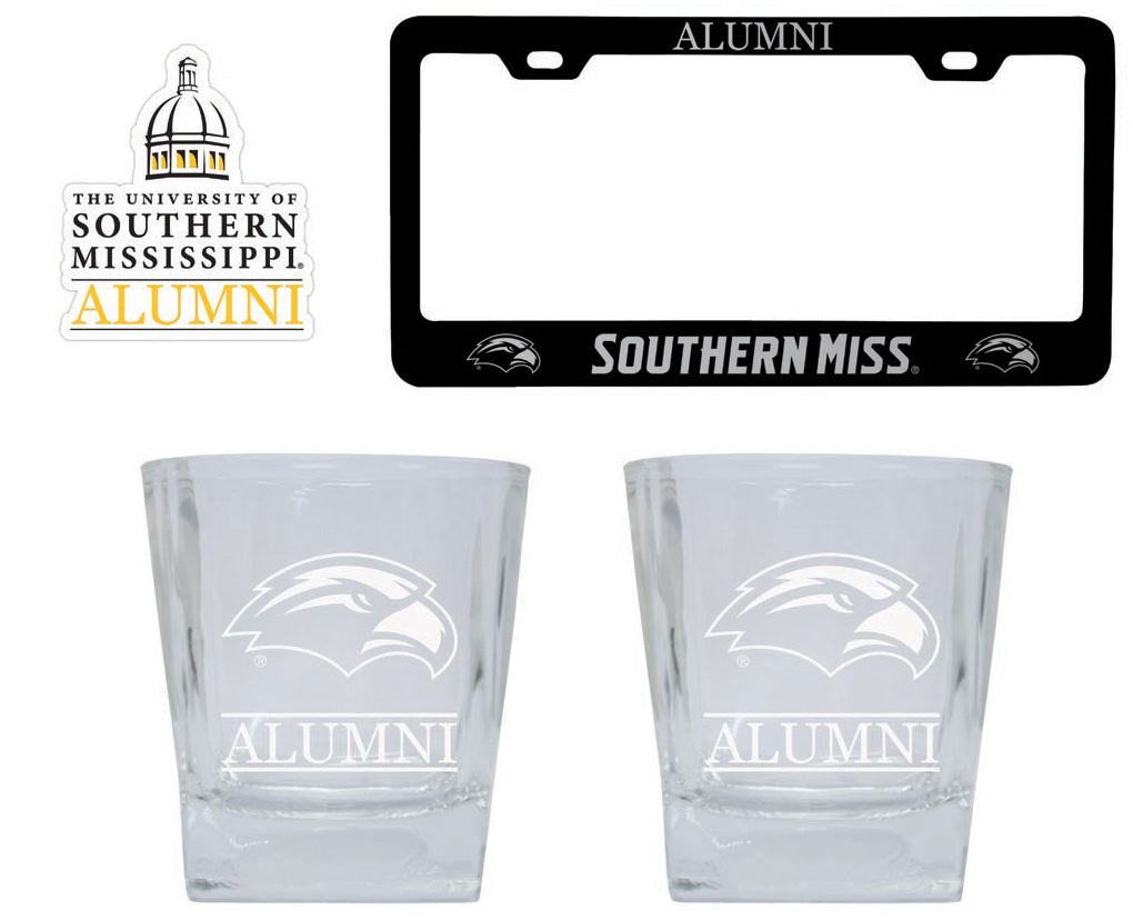 Southern Mississippi Golden Eagles Collegiate Alumni Gift Set Engraved Whiskey Glasses, License Plate Frame & Decal 