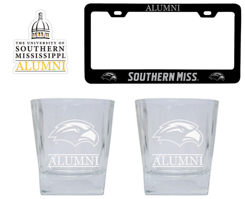 Southern Mississippi Golden Eagles Collegiate Alumni Gift Set Engraved Whiskey Glasses, License Plate Frame & Decal 