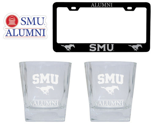 Southern Methodist University Collegiate Alumni Gift Set Engraved Whiskey Glasses, License Plate Frame & Decal 