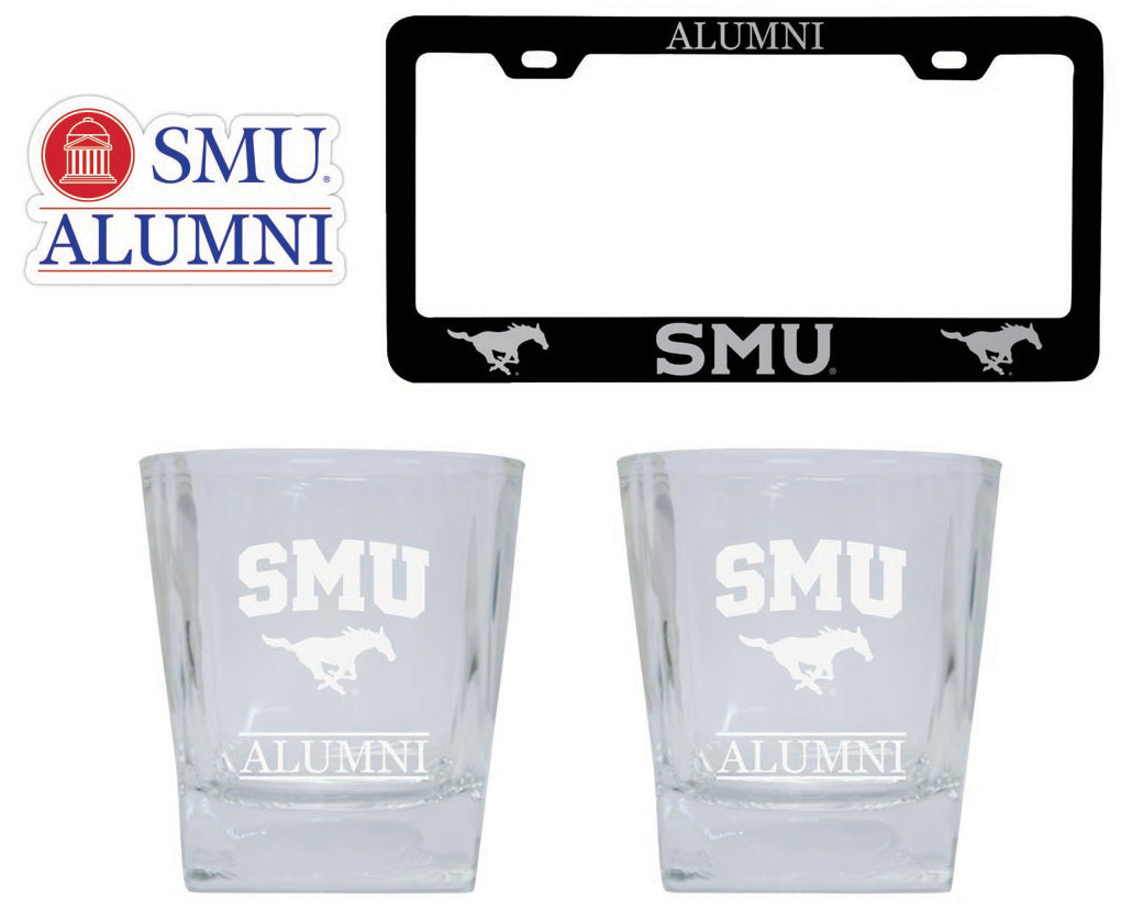 Southern Methodist University Collegiate Alumni Gift Set Engraved Whiskey Glasses, License Plate Frame & Decal 