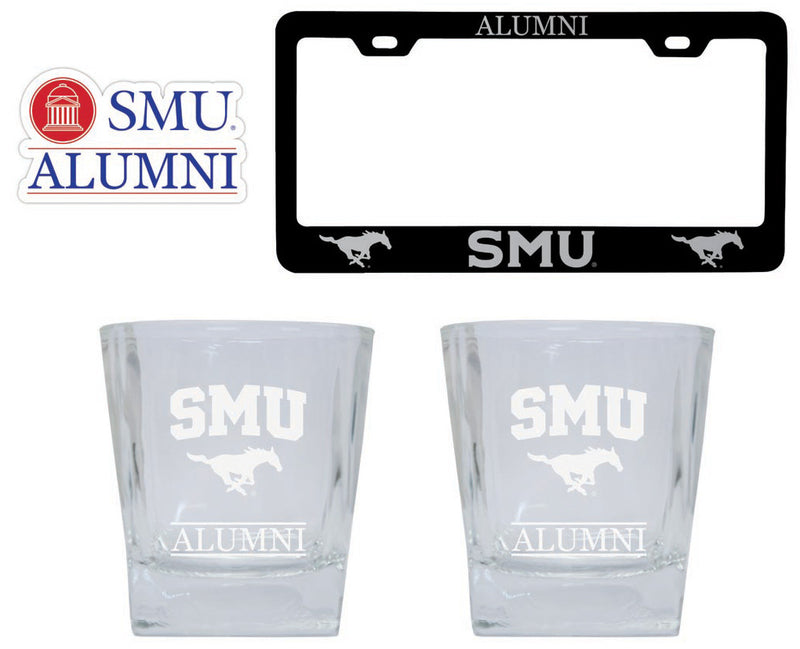 Southern Methodist University Collegiate Alumni Gift Set Engraved Whiskey Glasses, License Plate Frame & Decal 