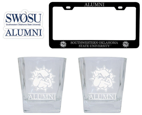 Southwestern Oklahoma State University Collegiate Alumni Gift Set Engraved Whiskey Glasses, License Plate Frame & Decal 
