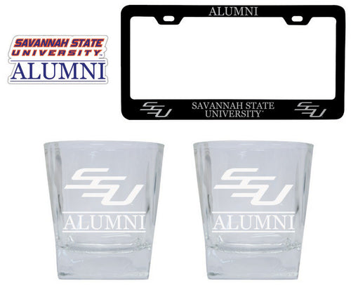 Savannah State University Collegiate Alumni Gift Set Engraved Whiskey Glasses, License Plate Frame & Decal 