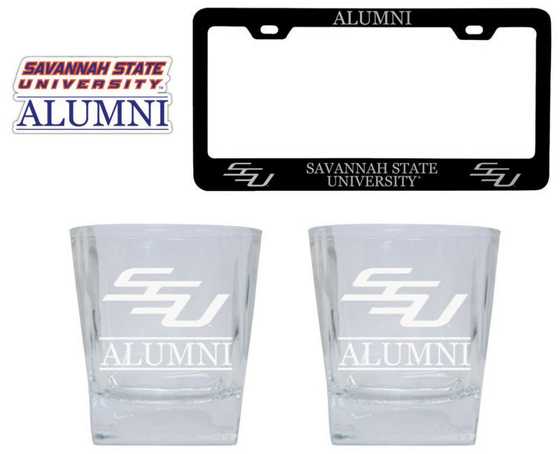 Savannah State University Collegiate Alumni Gift Set Engraved Whiskey Glasses, License Plate Frame & Decal 