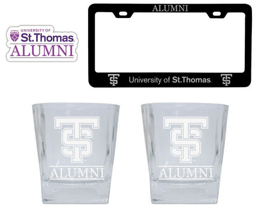 University of St. Thomas Collegiate Alumni Gift Set Engraved Whiskey Glasses, License Plate Frame & Decal 