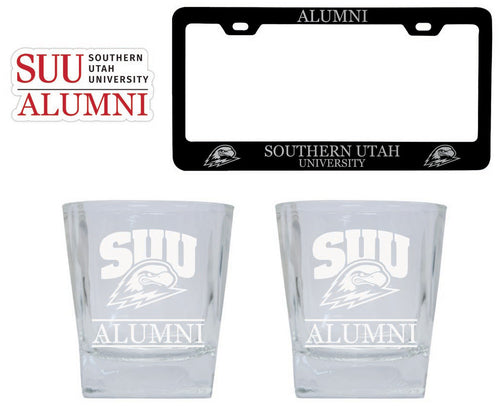 Southern Utah University Collegiate Alumni Gift Set Engraved Whiskey Glasses, License Plate Frame & Decal 