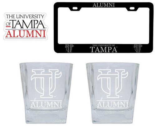 University of Tampa Spartans Collegiate Alumni Gift Set Engraved Whiskey Glasses, License Plate Frame & Decal 
