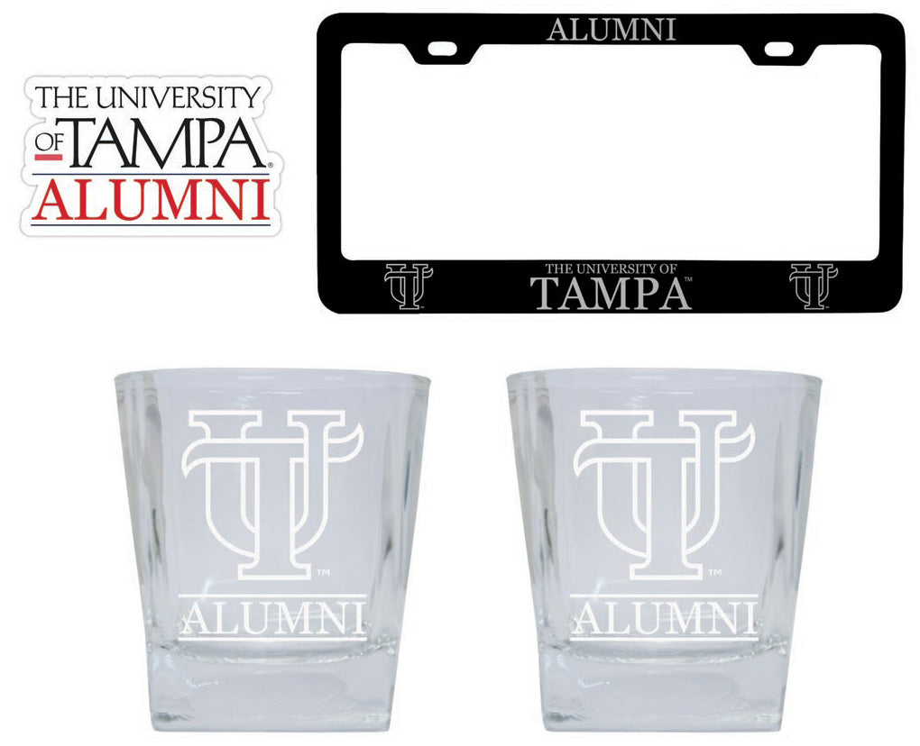 University of Tampa Spartans Collegiate Alumni Gift Set Engraved Whiskey Glasses, License Plate Frame & Decal 