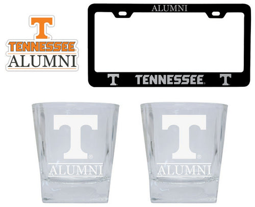 Tennessee Knoxville Volunteers Collegiate Alumni Gift Set Engraved Whiskey Glasses, License Plate Frame & Decal 