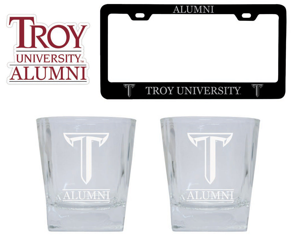 Troy University Collegiate Alumni Gift Set Engraved Whiskey Glasses, License Plate Frame & Decal 