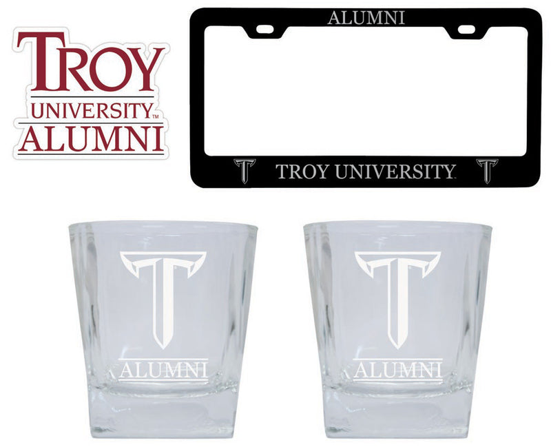 Troy University Collegiate Alumni Gift Set Engraved Whiskey Glasses, License Plate Frame & Decal 