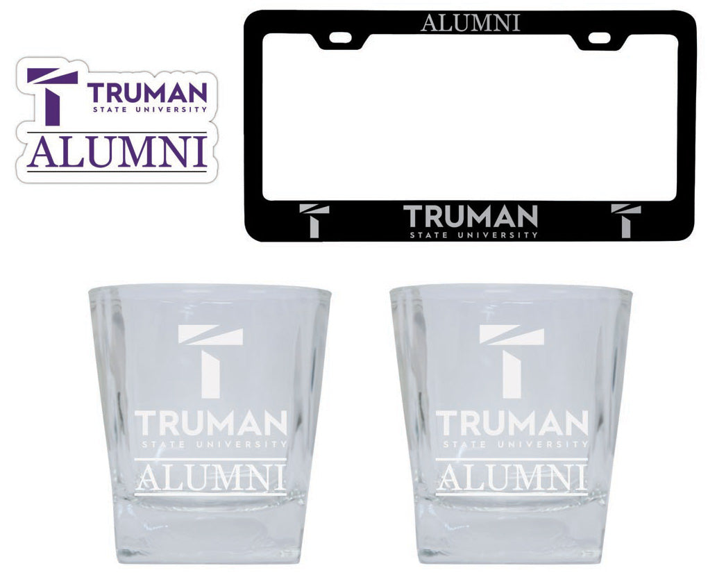 Truman State University Collegiate Alumni Gift Set Engraved Whiskey Glasses, License Plate Frame & Decal 