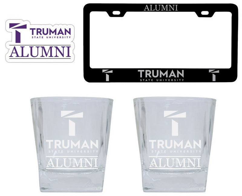 Truman State University Collegiate Alumni Gift Set Engraved Whiskey Glasses, License Plate Frame & Decal 