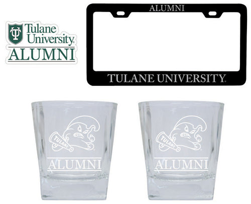 Tulane University Green Wave Collegiate Alumni Gift Set Engraved Whiskey Glasses, License Plate Frame & Decal 