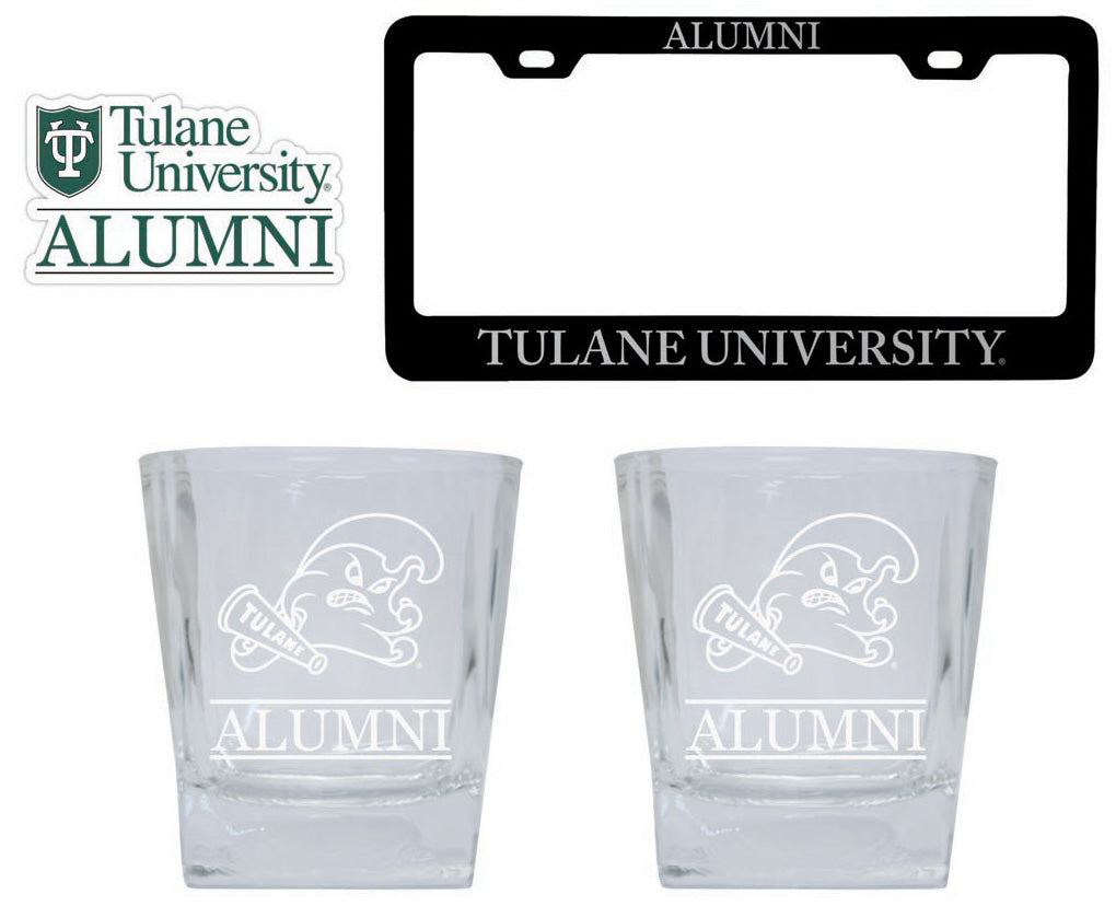 Tulane University Green Wave Collegiate Alumni Gift Set Engraved Whiskey Glasses, License Plate Frame & Decal 