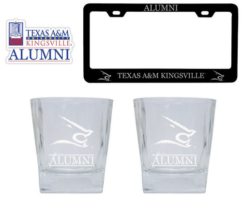 Texas A&M Kingsville Javelinas Collegiate Alumni Gift Set Engraved Whiskey Glasses, License Plate Frame & Decal 