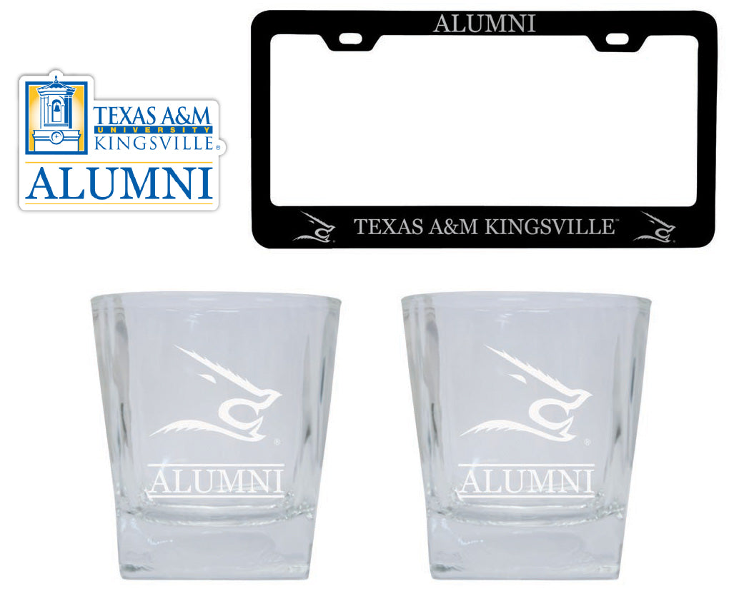 Texas A&M Kingsville Javelinas Collegiate Alumni Gift Set Engraved Whiskey Glasses, License Plate Frame & Decal