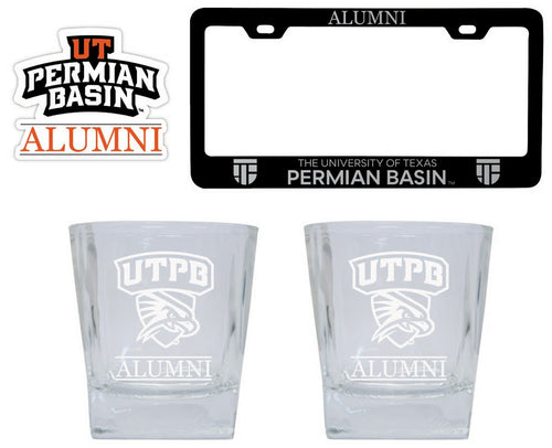 University of Texas of the Permian Basin Collegiate Alumni Gift Set Engraved Whiskey Glasses, License Plate Frame & Decal 