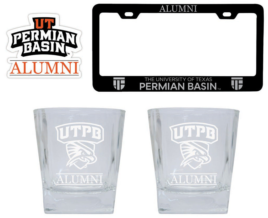 University of Texas of the Permian Basin Collegiate Alumni Gift Set Engraved Whiskey Glasses, License Plate Frame & Decal 
