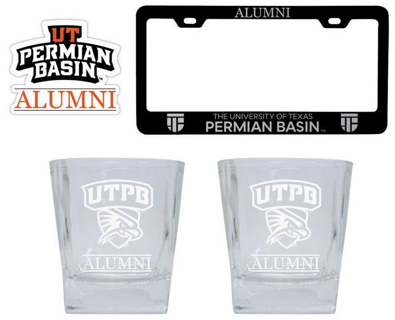 University of Texas of the Permian Basin Collegiate Alumni Gift Set Engraved Whiskey Glasses, License Plate Frame & Decal 