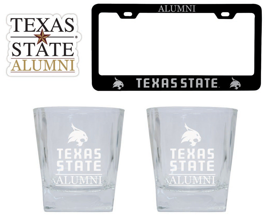 Texas State Bobcats Collegiate Alumni Gift Set Engraved Whiskey Glasses, License Plate Frame & Decal 