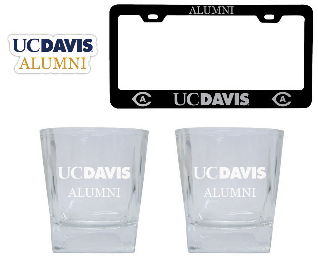 UC Davis Aggies Collegiate Alumni Gift Set Engraved Whiskey Glasses, License Plate Frame & Decal 