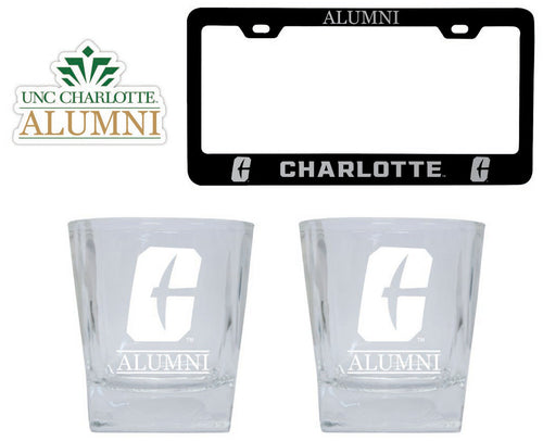 North Carolina Charlotte Forty-Niners Collegiate Alumni Gift Set Engraved Whiskey Glasses, License Plate Frame & Decal 
