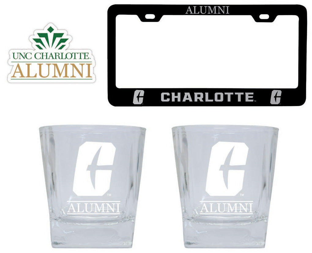 North Carolina Charlotte Forty-Niners Collegiate Alumni Gift Set Engraved Whiskey Glasses, License Plate Frame & Decal 