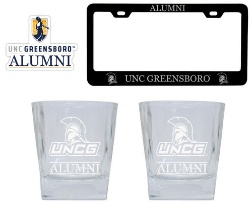 North Carolina Greensboro Spartans Collegiate Alumni Gift Set Engraved Whiskey Glasses, License Plate Frame & Decal 