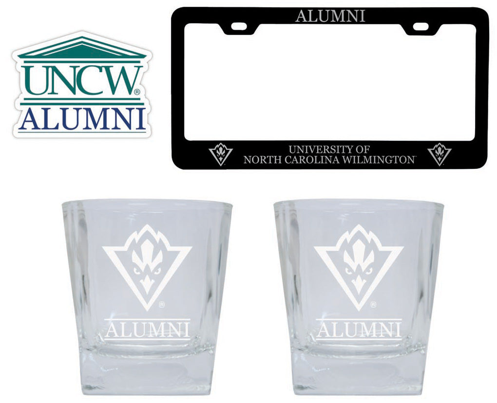 North Carolina Wilmington Seahawks Collegiate Alumni Gift Set Engraved Whiskey Glasses, License Plate Frame & Decal 