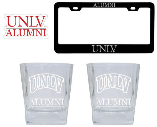 UNLV Rebels Collegiate Alumni Gift Set Engraved Whiskey Glasses, License Plate Frame & Decal 