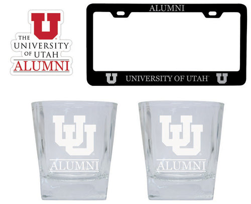 Utah Utes Collegiate Alumni Gift Set Engraved Whiskey Glasses, License Plate Frame & Decal 