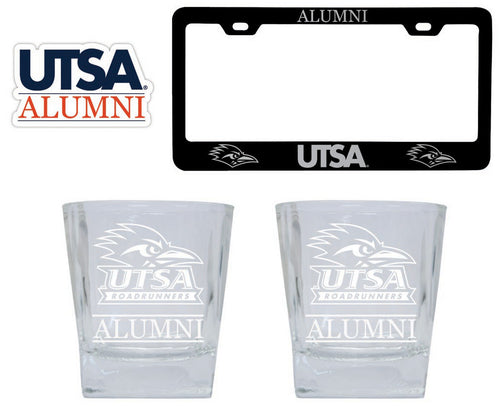 UTSA Road Runners Collegiate Alumni Gift Set Engraved Whiskey Glasses, License Plate Frame & Decal 